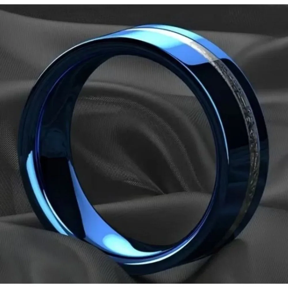 High Polished Blue Tungsten Carbide 8MM with simulated Silver Meteorite Inlay